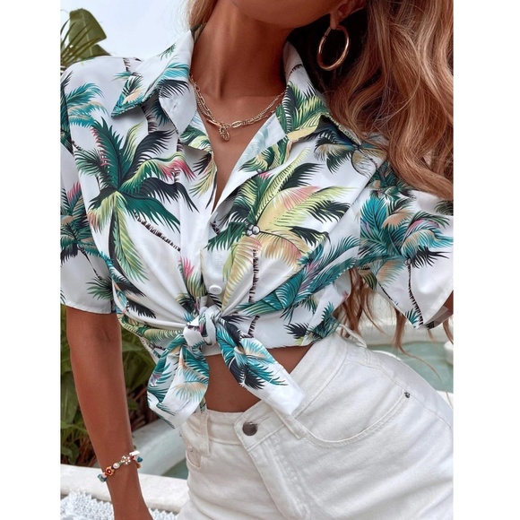 Short Sleeve Button Down Short Tropical Print Palm Leaves White - Picture 5 of 7